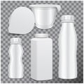 Vector plastic bottle set and round white glossy plastic pot for dairy products. For milk, drink yogurt, cream, dessert