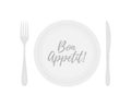 Vector plate with fork and knife. Bon appetite title
