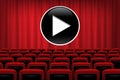 Vector play symbol on theatre background with red closed curtains and chairs.