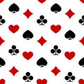 Vector playing card suit seamless pattern. Flat red hearts and tiles and black clovers and pikes symbols on white background Royalty Free Stock Photo