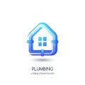 Vector plumbing logo, icon, emblem design template. Blue pipe in house shape. Concept for pipelaying repair service Royalty Free Stock Photo