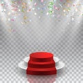 Vector podium with red carpet, reflection and colorful falling c
