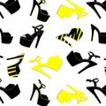 Vector pole dance shoes. High heels pattern for striptease, Striped black yellow exotic dancer boots. Silhouette