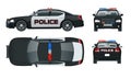 Vector Police car with rooftop flashing lights, a siren and emblems. Template isolated illustration. View front, rear Royalty Free Stock Photo