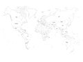 Vector political map of world. Black outline on white background with country name labels Royalty Free Stock Photo