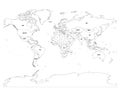 Vector political map of world. Black outline on white background with country name labels