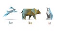 Vector polygonal illustration of animals cat, bear, hare, modern low poly icons, origami style isolated