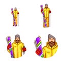 Vector pop art avatar, icon for blog, chat of snowboarder - cartoon bearded man in snowboarding suit, holding snowboard