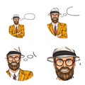 Vector pop art avatar, icon of handsome aged bearded man. Businessman in costume, hat with speech bubble for chat, blog Royalty Free Stock Photo