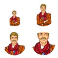 Vector pop art avatar, icon of handsome aged man with mustaches, winky face in costume. Great for internet, chat, blog Royalty Free Stock Photo