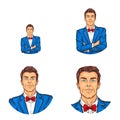 Vector pop art avatar, icon of handsome man in costume, bow tie with folded hands over his chest. Great for blog, chat. Royalty Free Stock Photo