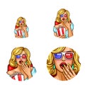 Vector pop art avatar, icon of pin up girl in 3d glasses inside the cinema with popcorn, soda. Logo for chat, blog Royalty Free Stock Photo