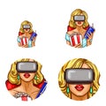 Vector pop art avatar, icon of pin up girl in glasses of virtual reality with popcorn, soda. Cinema, 3d, VR,concept Royalty Free Stock Photo