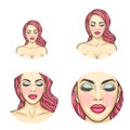 Vector pop art avatar, icon - woman s face with colored dyed hair, bright makeup for chat, blog, networking.