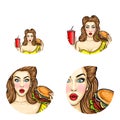 Vector pop art avatar of pin up girl holds hamburger and cola. Illustration for fast food restaurant or obesity concept Royalty Free Stock Photo