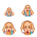 Vector pop art avatar of shocked girl after chemotherapy or bad haircut. Icon of bald woman with cancer for chat, blog