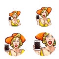 Vector pop art avatar, icon of shocked, surprised pin up girl in hat holding smartphone to announce discounts or sales Royalty Free Stock Photo