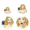 Vector pop art avatar, icon of shocked, surprised pin up girl holding smartphone to announce discounts or sales Royalty Free Stock Photo