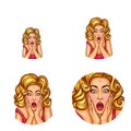 Vector pop art avatar of surprised girl with opened mouth. Icon of shocked woman on white background for blog, chat