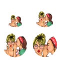 Vector pop art social network user avatars of woman speaking news gossip in girl ear. Retro sketch profile icons Royalty Free Stock Photo