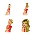 Vector pop art social network user avatars of young blonde girl in red dress holding hand. Retro sketch profile icons