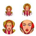 Vector pop art social network user avatars of young blonde glamor woman girl in winter ear muffs. Retro sketch profile