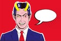 Vector pop art banner of a malevolent laughing devil businessman with horns with speech bubble. Royalty Free Stock Photo