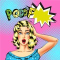 Vector pop art beautiful blond woman with Pooof speech bubble Royalty Free Stock Photo