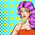 Vector pop art beautiful woman with finger on lips Royalty Free Stock Photo