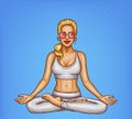 Vector pop art blonde girl doing yoga, padmasana