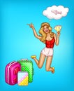 Vector pop art girl with tickets, suitcases