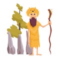 Vector pop art caveman in fur animal skin and wooden stick. Male character of prehistoric, stone age. Illustration for