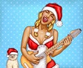 Vector pop art christmas girl, playing guitar, cat Royalty Free Stock Photo