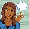 Vector pop art comic african american businesswoman showing ok hand sign with thought balloon