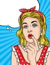 Vector pop art comic style illustration of a beautiful young woman is thinking and keep finger near her mouth.