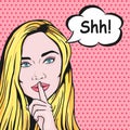 Vector pop art comic woman holding finger on lips for Quiet silence. Woman with message Shhh for stop talk, mouth shut Royalty Free Stock Photo