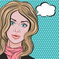 Vector pop art cute young woman with thought bubble for text, happy woman nature smile in comics style Royalty Free Stock Photo