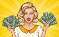 Vector pop art enthusiastic girl with money bills