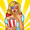 Vector pop art excited blond woman sitting in the auditorium and watching a 3D movie.