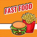 Vector Pop Art Fast Food banner design - tasty French Fries and Burger on halftone background