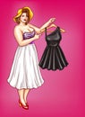 Vector pop art fat woman holds hanger with dress