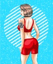 Vector pop art fitness girl with armband mobile phone holder