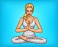 Vector pop art girl meditates in lotus position