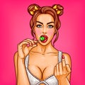 Vector pop art girl sucks lollipop and beckons Royalty Free Stock Photo