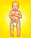 Vector pop art illustration of a baby in a diaper stands on its own fee