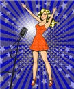 Vector pop art illustration of beautiful girl singer on stage