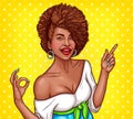 Vector pop art illustration of a black woman shows the OK sign and points the finger to the direction