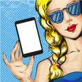 Vector pop art illustration of blond woman with smartphone