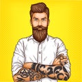 Vector pop art illustration of a brutal bearded man, macho with tatoo Royalty Free Stock Photo