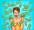 Vector pop art illustration of an enthusiastic young girl standing in the rain out of cash bills